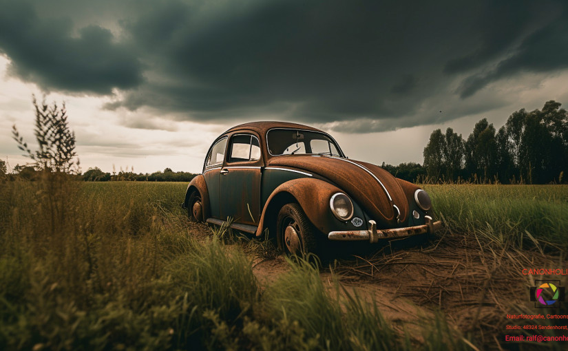 Ein alter rostiger VW Käfer in einem Feld