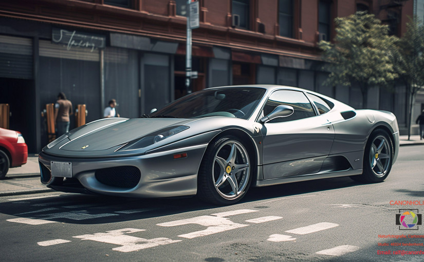 ein silbener Ferrari steht am Straßenrand