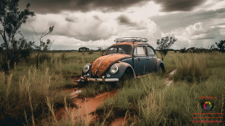 Ein alter rostiger VW Käfer in einem Feld