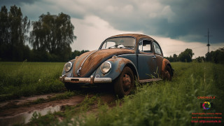 Ein alter rostiger VW Käfer in einem Feld