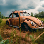 Ein alter rostiger VW Käfer in einem Feld