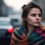 Auf dem Foto sieht man eine hübsche junge Frau, mit einem bunten Schal, in den Straßen von Berlin.